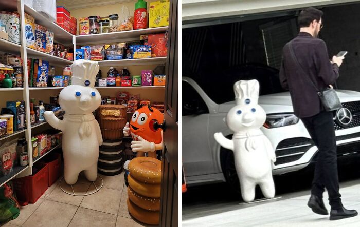 Large Pillsbury Doughboy figure in a cluttered pantry and outside near a white Mercedes-Benz car, thrifted finds collection.