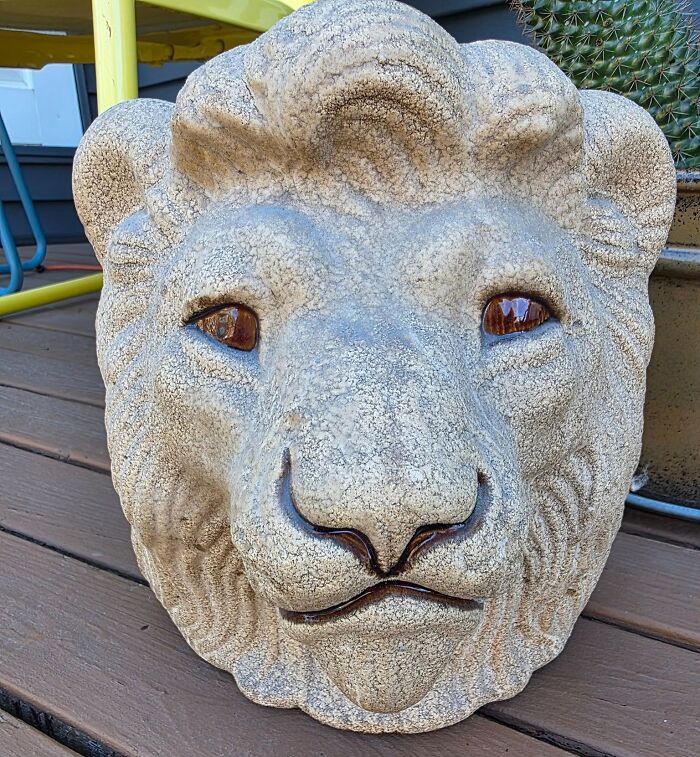 Stone lion head sculpture with detailed textured features, a weird and wonderful thrifted find for unique home decor.
