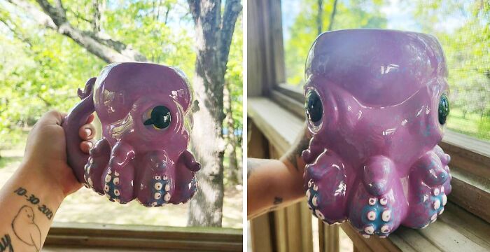 Purple octopus-shaped thrifted mug held up in natural light, showcasing its weird and wonderful collectible design.