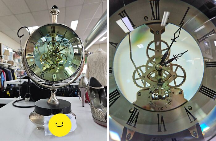 Vintage thrifted clock with exposed gears and Roman numerals, a weird and wonderful collectible found in a thrift store.