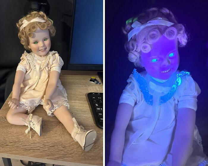 Porcelain doll with curly hair and vintage clothing shown in normal and blacklight, a weird and wonderful thrifted find.
