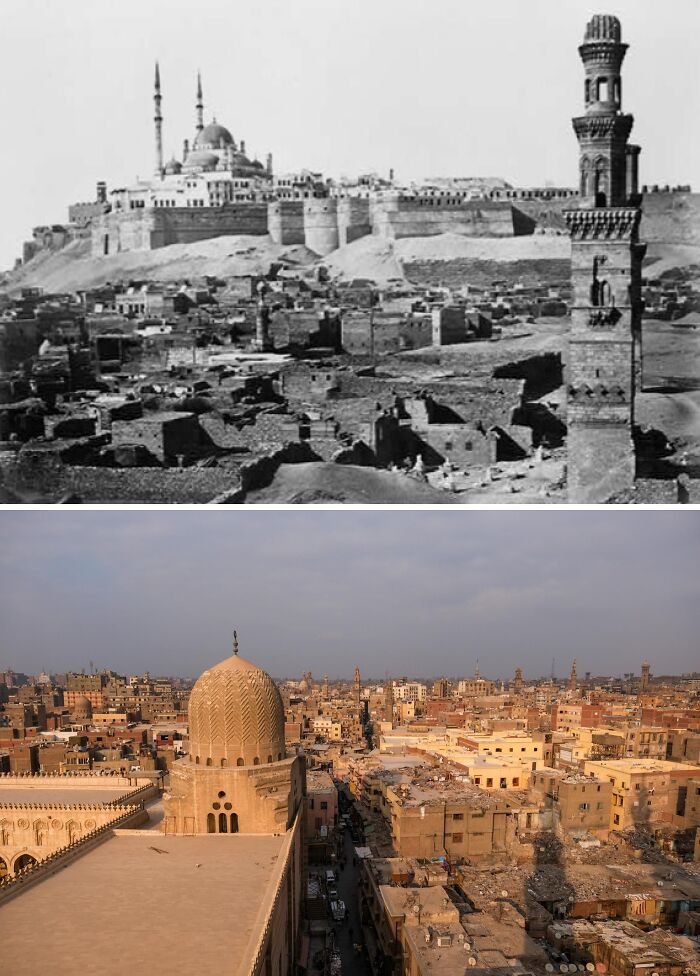 Then and now photos showing how this historic cityscape and architecture have changed over time.