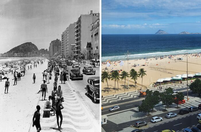 Side-by-side then and now photos showing how a beachfront urban area has changed over time with different buildings and beach activity