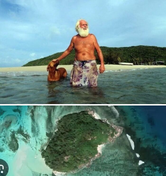 Elderly man with dog standing in water near a remote island, showcasing unusual and wonderful real-life moments.