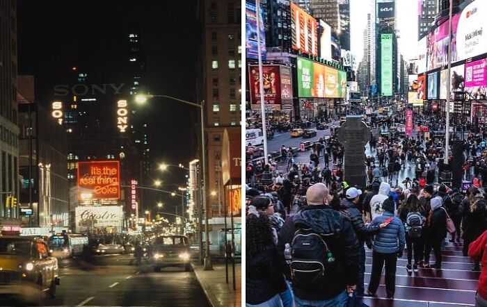 Then and now photos showing the transformation of Times Square with changes in lighting, advertisements, and crowd size over time.