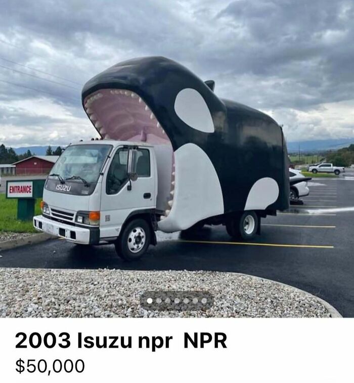 Isuzu truck converted with a custom whale design covering the back, featured among cars of absolute chaos for sale.