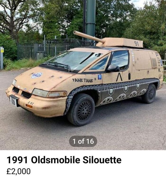 Oldsmobile Silhouette modified to look like a tank, one of the chaotic cars spotted for sale in unusual condition.