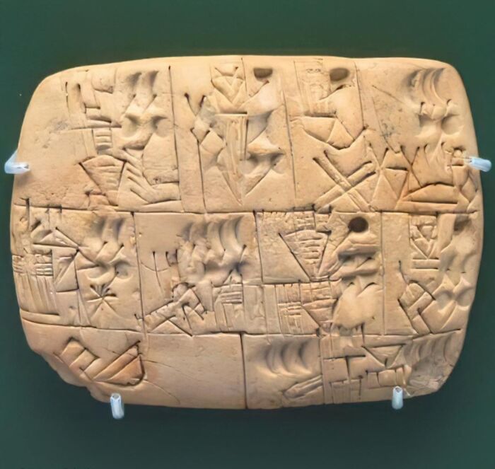 Ancient clay tablet with cuneiform writing displayed against a dark green background representing ancient history artifacts.