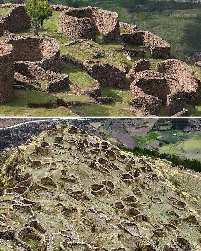 Ancient history ruins with circular stone structures on a grassy hillside, showcasing archaeological remains of past civilizations.