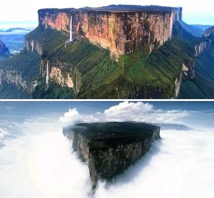 Ancient history landmark showing dramatic plateaus surrounded by clouds and waterfalls in a lush green landscape.