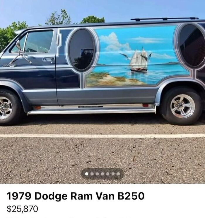 1979 Dodge Ram Van with custom ocean and sailboat mural, one of the cars of absolute chaos spotted for sale.