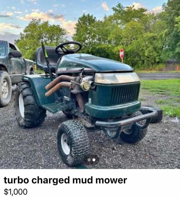 Turbo charged mud mower with oversized tires and exposed engine parts among 103 cars of absolute chaos spotted for sale.
