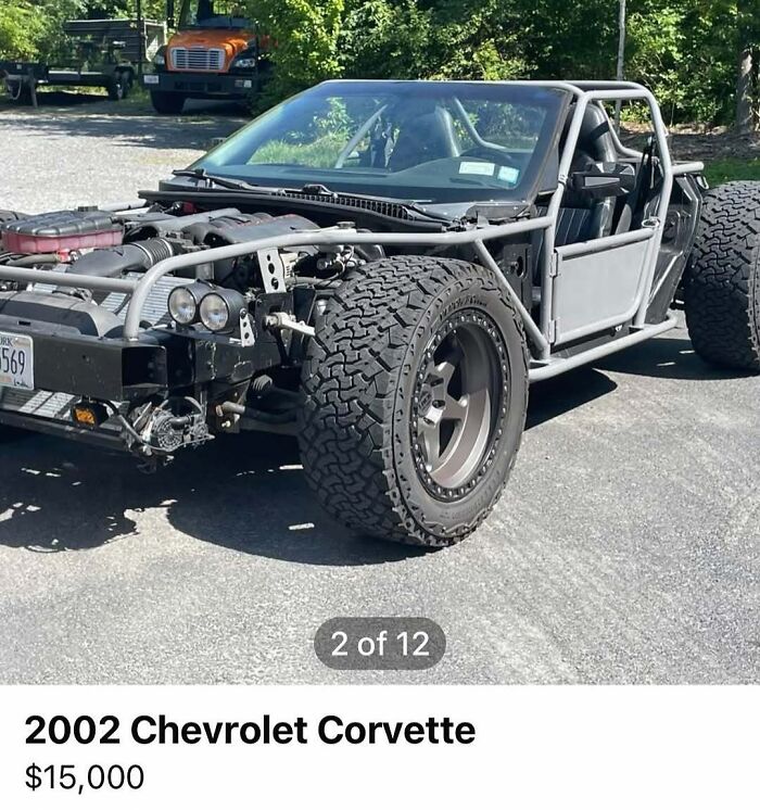 Custom 2002 Chevrolet Corvette without body panels, showcasing exposed frame and large off-road tires for chaotic car sale.