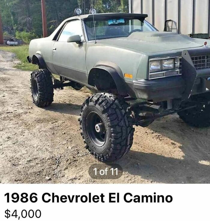 1986 Chevrolet El Camino with lifted off-road tires spotted in a collection of chaos cars for sale.