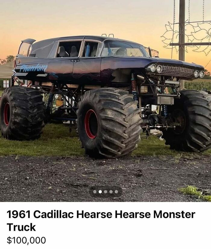 Monster truck with large tires built from a 1961 Cadillac hearse, featured among chaotic cars spotted for sale.