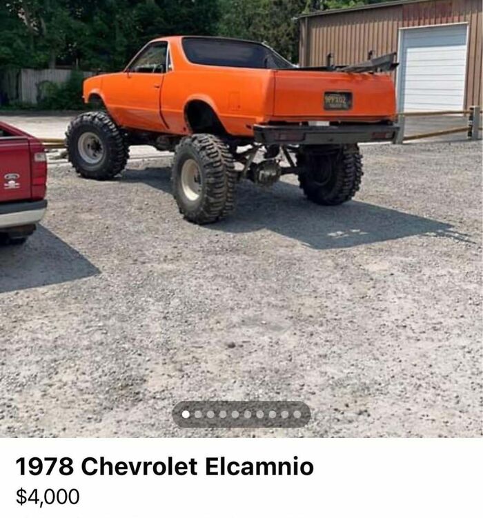 1978 Chevrolet Elcamnio with oversized off-road tires parked outdoors from chaotic cars spotted for sale collection