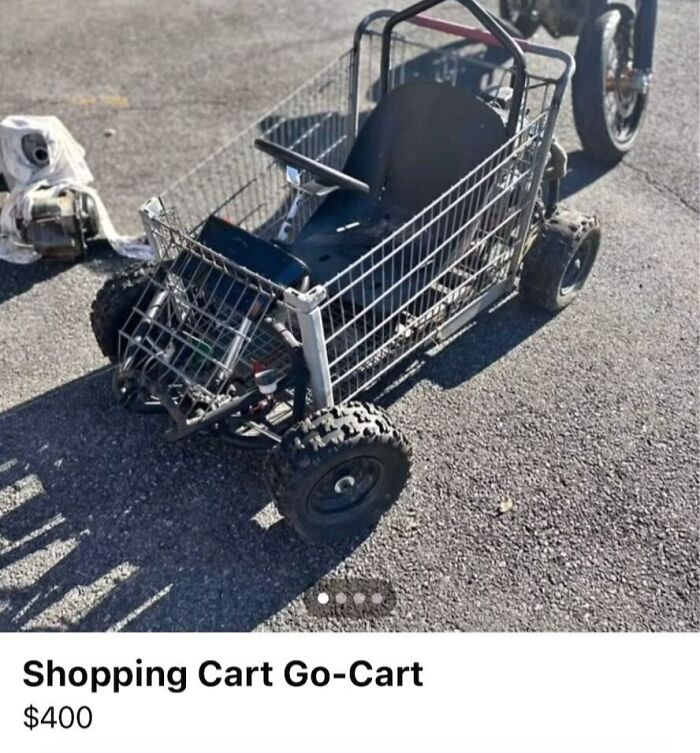 Shopping cart converted into a go-cart for sale, showcasing one of the 103 cars of absolute chaos spotted for sale.