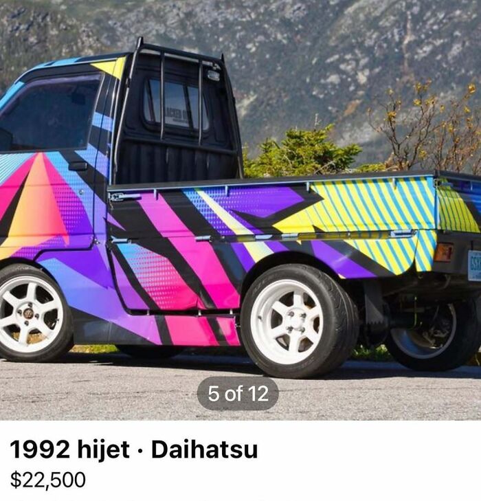 1992 Daihatsu Hijet with colorful geometric design, featured among 103 cars of absolute chaos spotted for sale.