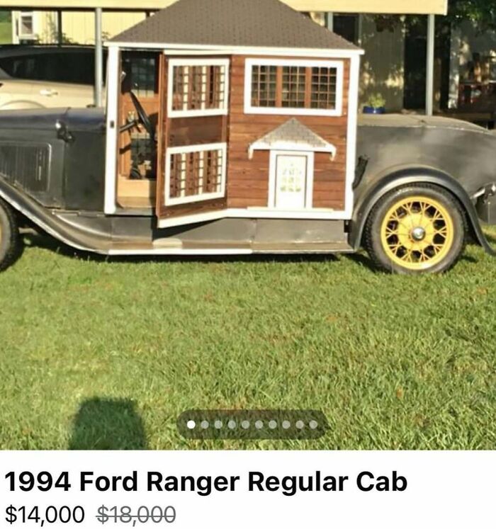 Vintage car with a miniature house attached to the side, showcasing one of the cars of absolute chaos spotted for sale.