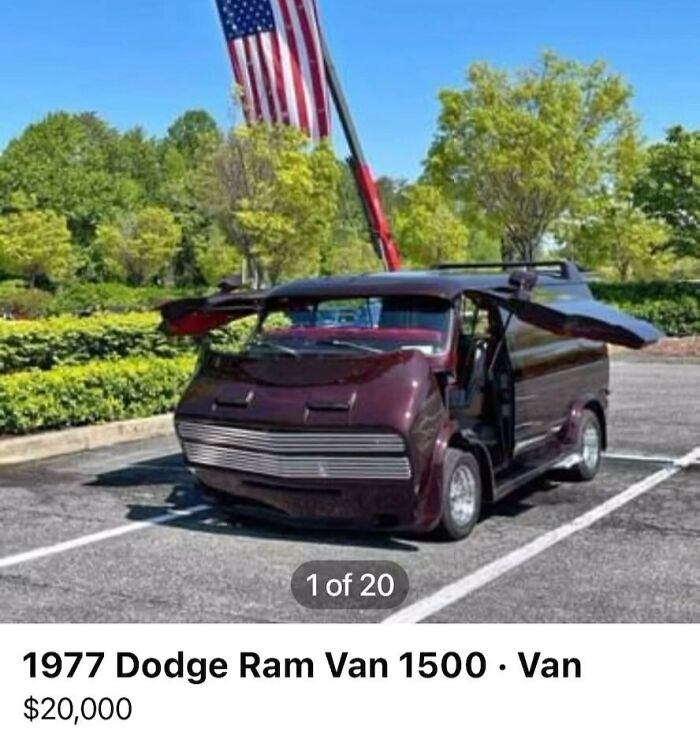 1977 Dodge Ram Van with custom doors open in parking lot, one of 103 cars of absolute chaos spotted for sale