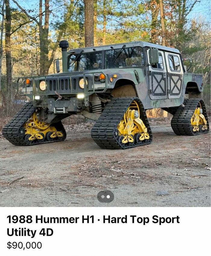 1988 Hummer H1 with tank-style tracks instead of wheels, featured among cars of absolute chaos spotted for sale outdoors.