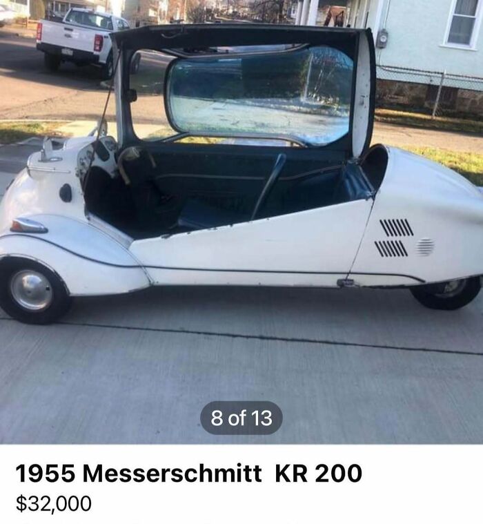 White 1955 Messerschmitt KR 200 microcar with unique design, one of the 103 cars of absolute chaos spotted for sale.