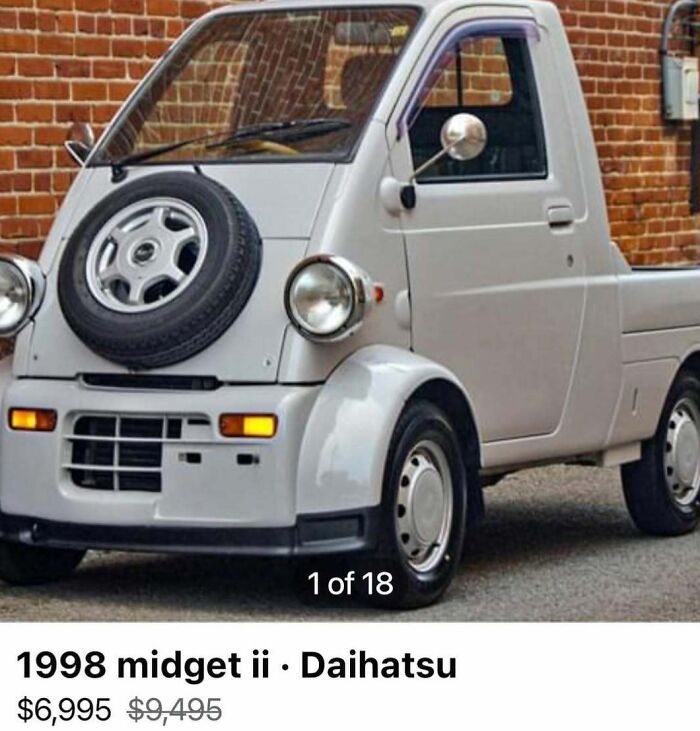Compact 1998 Daihatsu Midget II with spare tire on front, featured among 103 cars of absolute chaos spotted for sale.