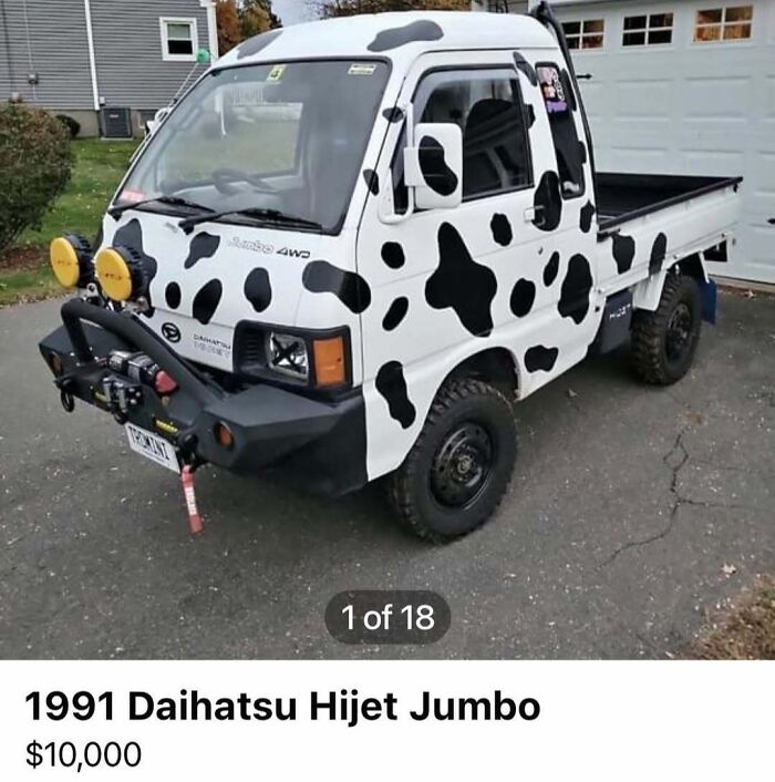 1991 Daihatsu Hijet Jumbo mini truck with cow print design parked on driveway for sale in chaotic cars collection