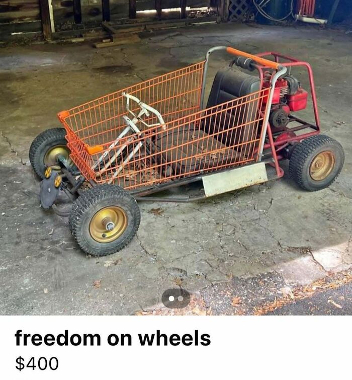 Custom makeshift vehicle with shopping cart body and large tires for sale among chaotic cars listings.