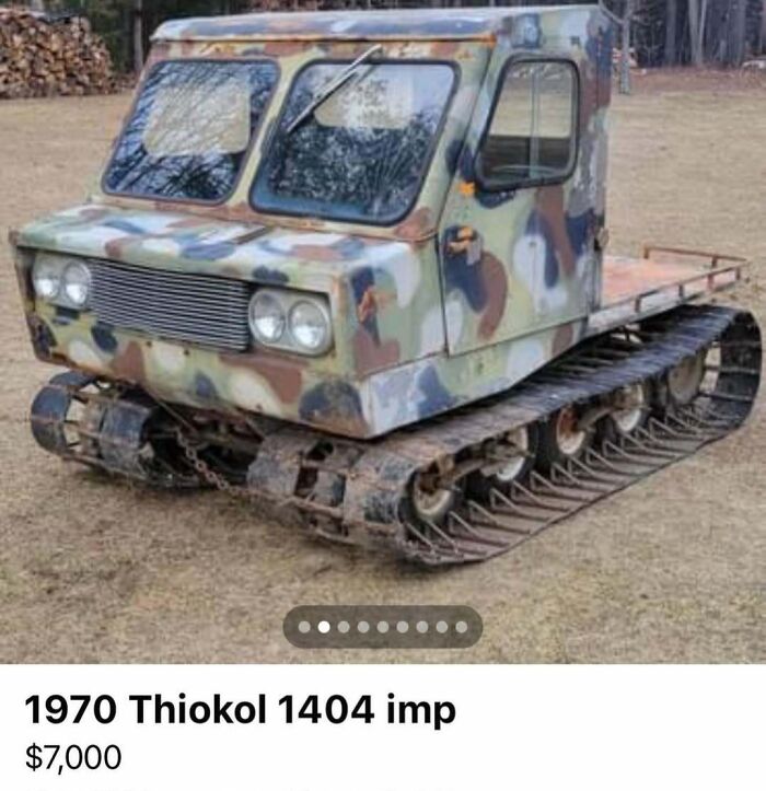 Camouflaged 1970 Thiokol tracked vehicle for sale, an unusual car spotted in absolute chaos listings.