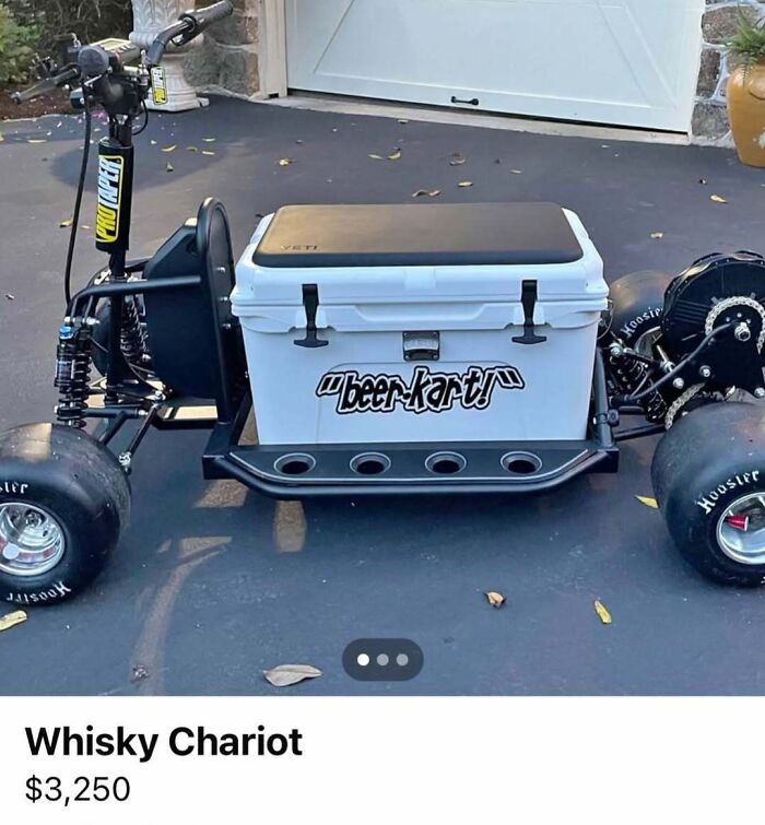 Custom beer kart with cooler and wide tires, one of the chaotic cars spotted for sale in unique vehicle listings.