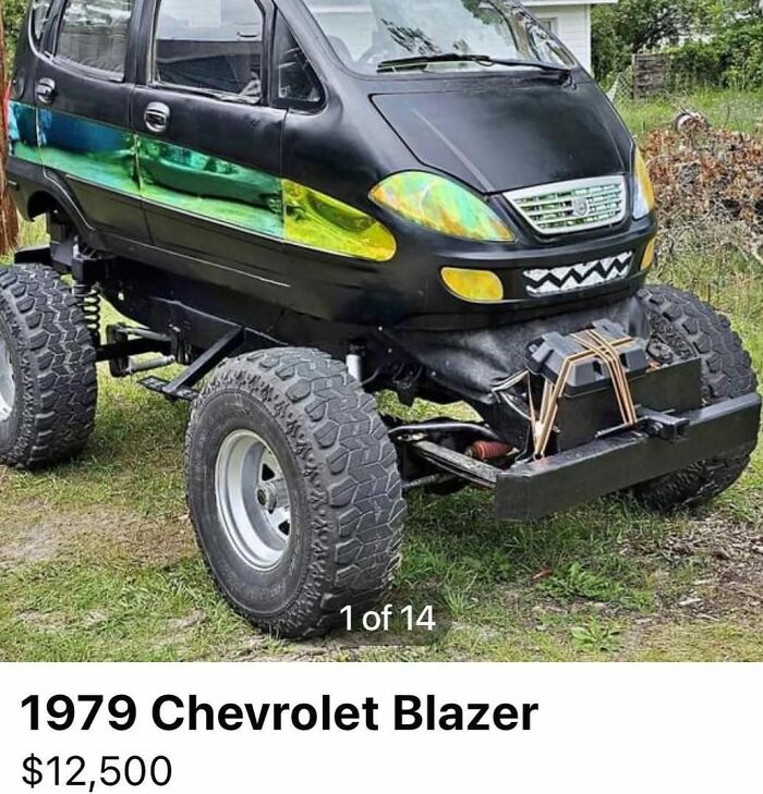 Custom lifted 1979 Chevrolet Blazer with oversized tires, showcasing one of the 103 cars of absolute chaos spotted for sale.
