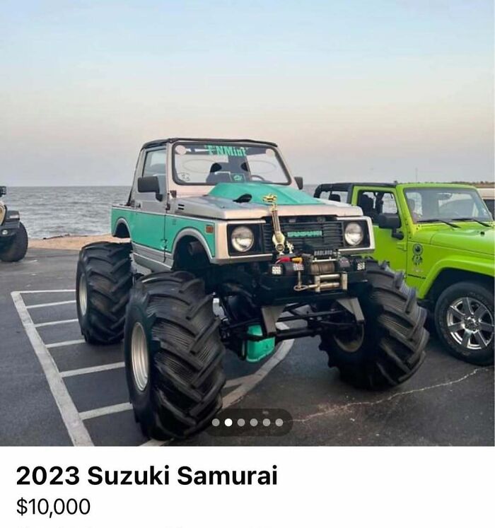 Monster truck style 2023 Suzuki Samurai with oversized tires parked by the ocean, featured among cars of absolute chaos for sale.