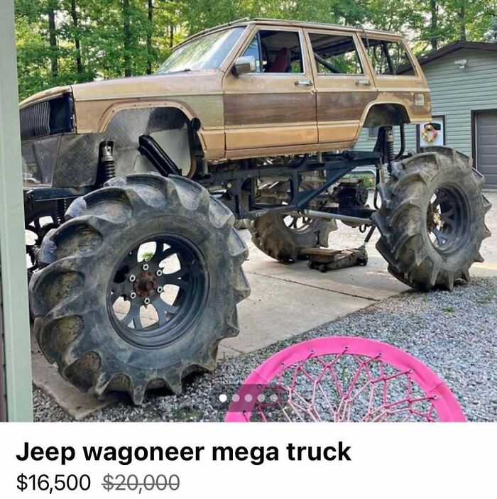 Rusty Jeep Wagoneer mega truck with oversized tires parked on driveway, part of chaotic cars spotted for sale collection.