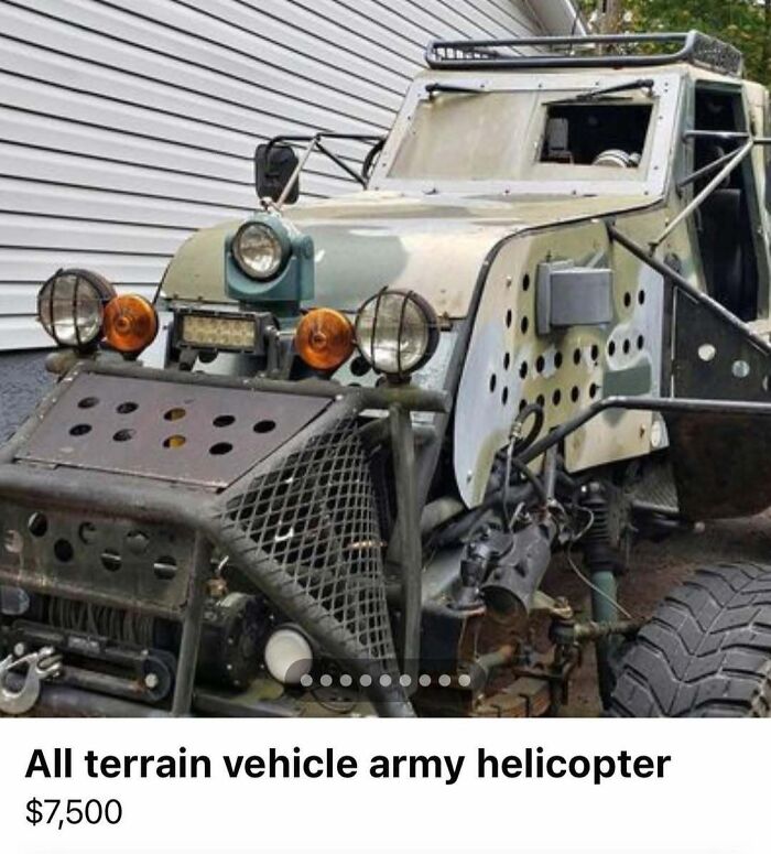 Unique all terrain vehicle with army design featured in 103 cars of absolute chaos spotted for sale collection.