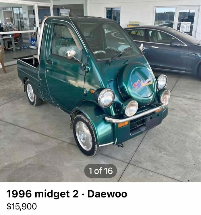 Small green Daewoo 1996 midget 2 car, part of 103 cars of absolute chaos spotted for sale collection.