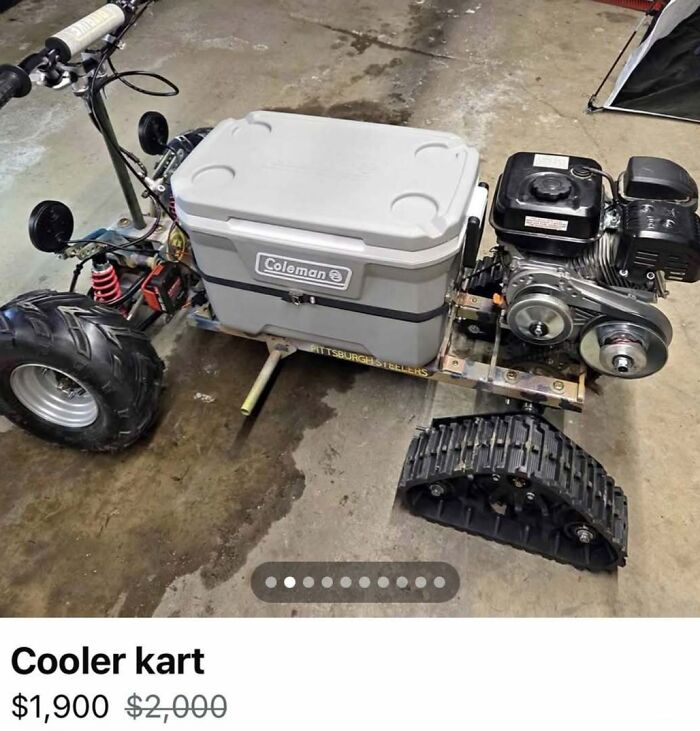 Homemade cooler kart with mixed wheels and engine on concrete floor, one of 103 cars of absolute chaos spotted.