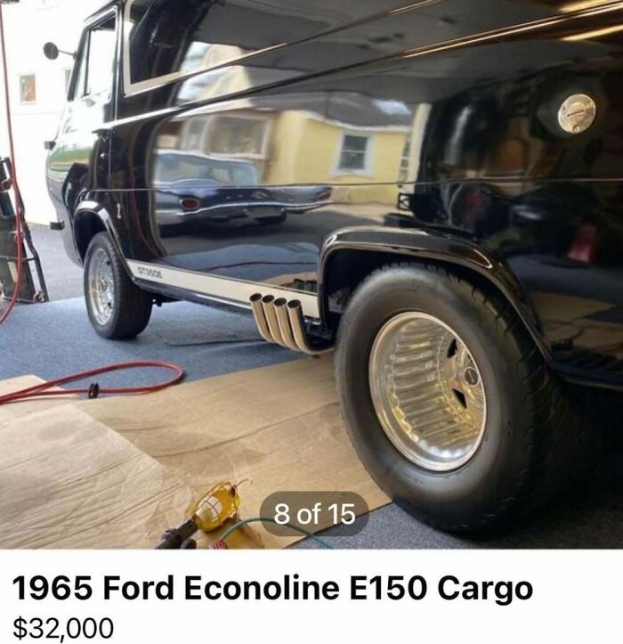 1965 Ford Econoline E150 with custom wheels and exhaust, one of 103 cars of absolute chaos spotted for sale.