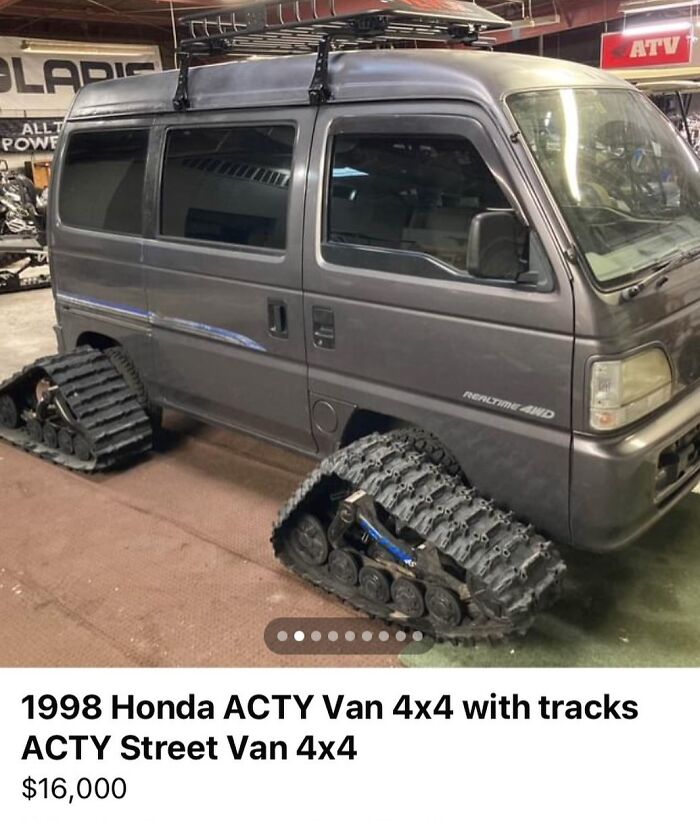 1998 Honda ACTY Van 4x4 with tracks for sale, unique off-road vehicle among 103 cars of absolute chaos spotted.