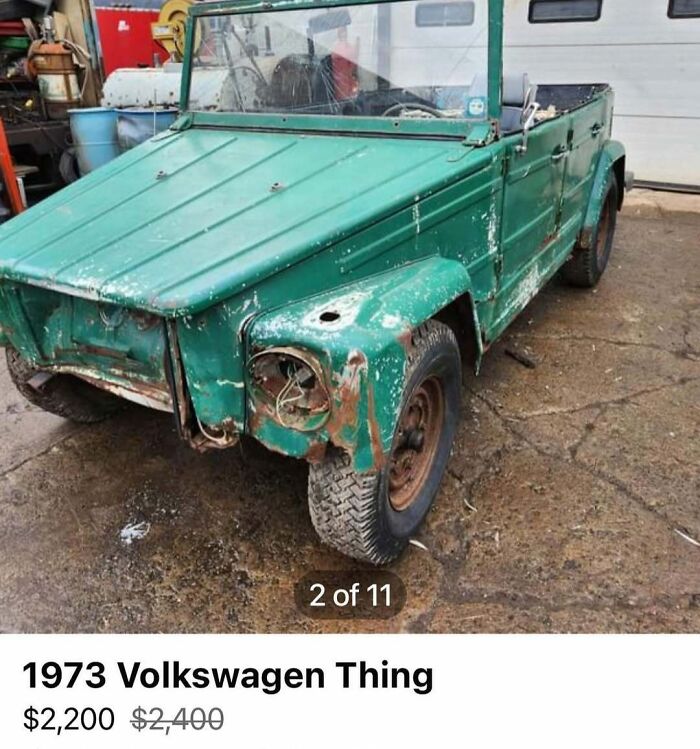 Rusty 1973 Volkswagen Thing in poor condition, one of the 103 cars of absolute chaos spotted for sale.