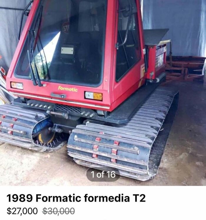 Red 1989 Formatic Formedia T2 tracked vehicle for sale, featured among cars of absolute chaos listings.