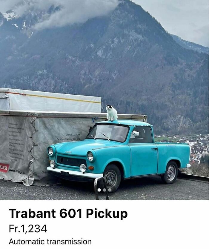 Vintage turquoise Trabant 601 pickup with cat on roof, one of 103 cars of absolute chaos spotted for sale.