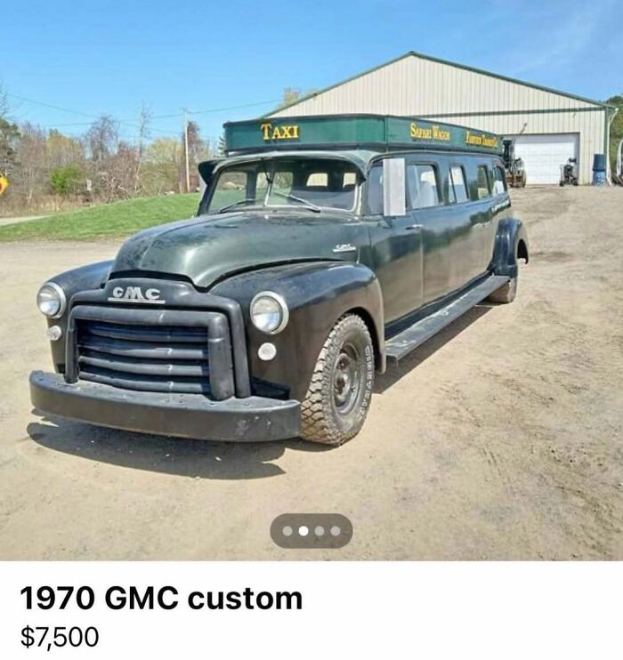 Vintage 1970 GMC custom stretched taxi car listed for sale among 103 cars of absolute chaos collection.