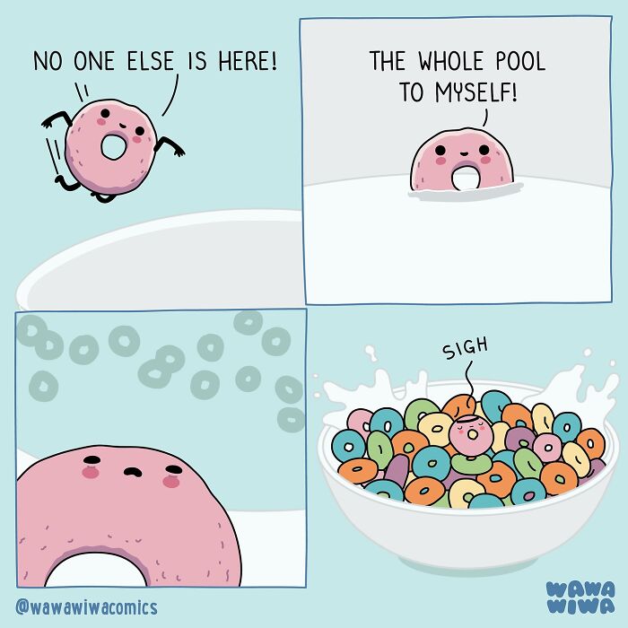 Cute Wawawiwa comics featuring lovable characters with a pink donut enjoying being alone in a cereal bowl