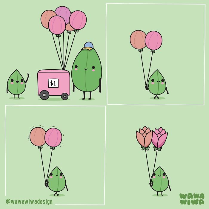Cute Wawawiwa comics featuring lovable characters holding balloons and enjoying playful moments in a simple green background.