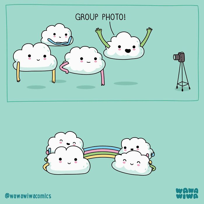 Cute Wawawiwa comics show lovable cloud characters posing for a group photo with a rainbow on a teal background.