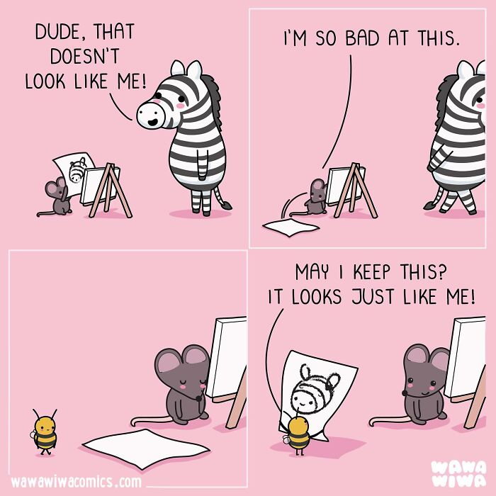 Cute Wawawiwa comics featuring lovable characters including a mouse, zebra, and bee in a humorous art scene.