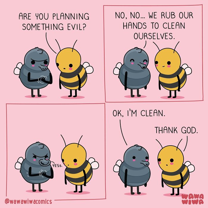 Cute Wawawiwa comics featuring lovable characters in a humorous interaction about cleaning hands and planning mischief.