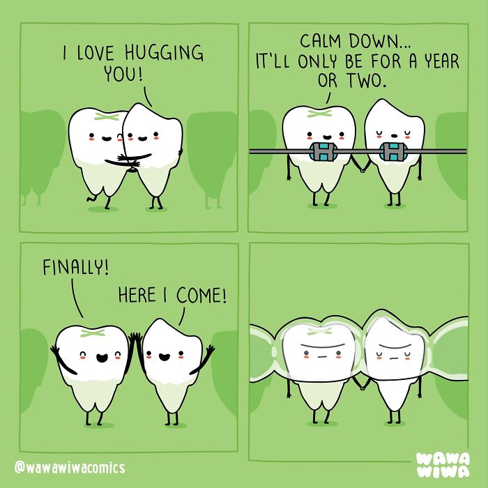 Cute Wawawiwa comics featuring lovable characters hugging, wearing braces, and sharing sweet moments in four panels.