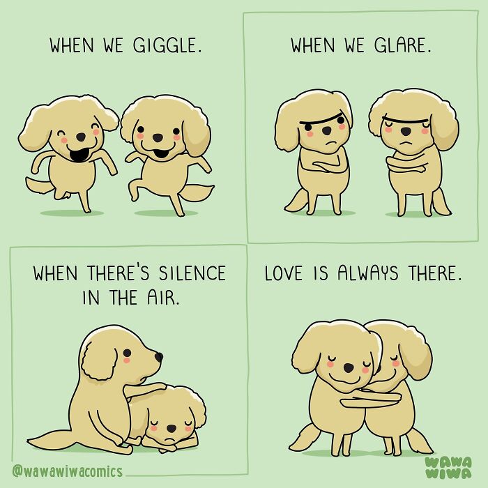 Cute Wawawiwa comics showing lovable dog characters expressing love through giggles, glances, silence, and hugs.